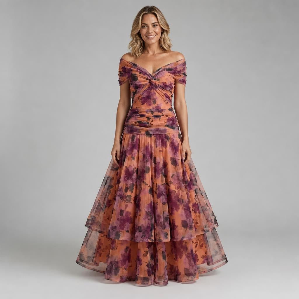 Off-Shoulder Tulle Midi Dress – Formal Cocktail Dress with Ruched Waist - We are MFEO