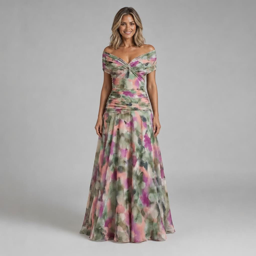 Off-Shoulder Tulle Midi Dress – Formal Cocktail Dress with Ruched Waist - We are MFEO