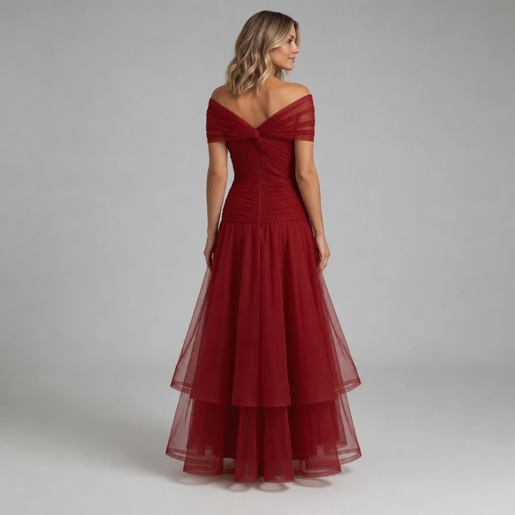 Off-Shoulder Tulle Midi Dress – Formal Cocktail Dress with Ruched Waist - We are MFEO