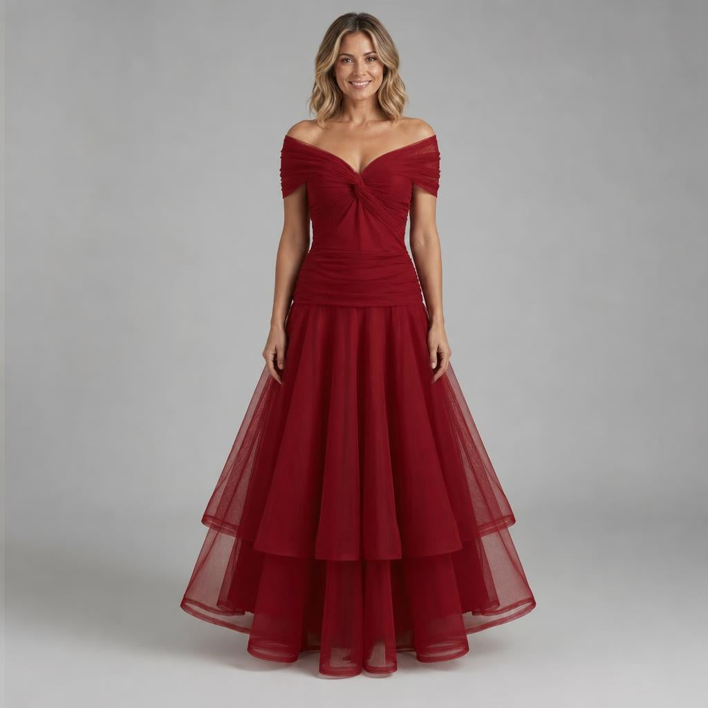 Off-Shoulder Tulle Midi Dress – Formal Cocktail Dress with Ruched Waist 1