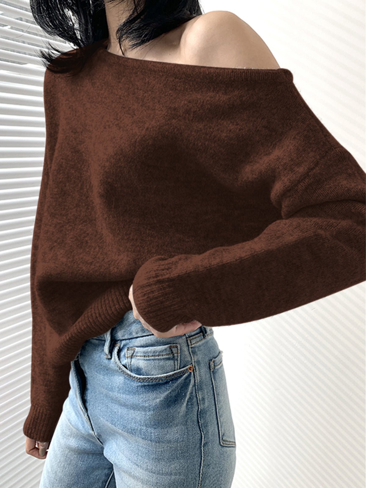 One Shoulder Asymmetric Knit Sweater – Long Sleeve, Comfortable Fit - We are MFEO