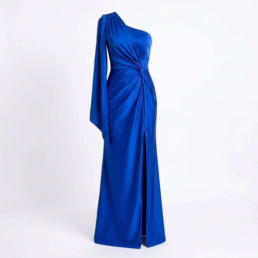 One Shoulder Satin Evening Dress – Draped Waist with High Side Split - We are MFEO