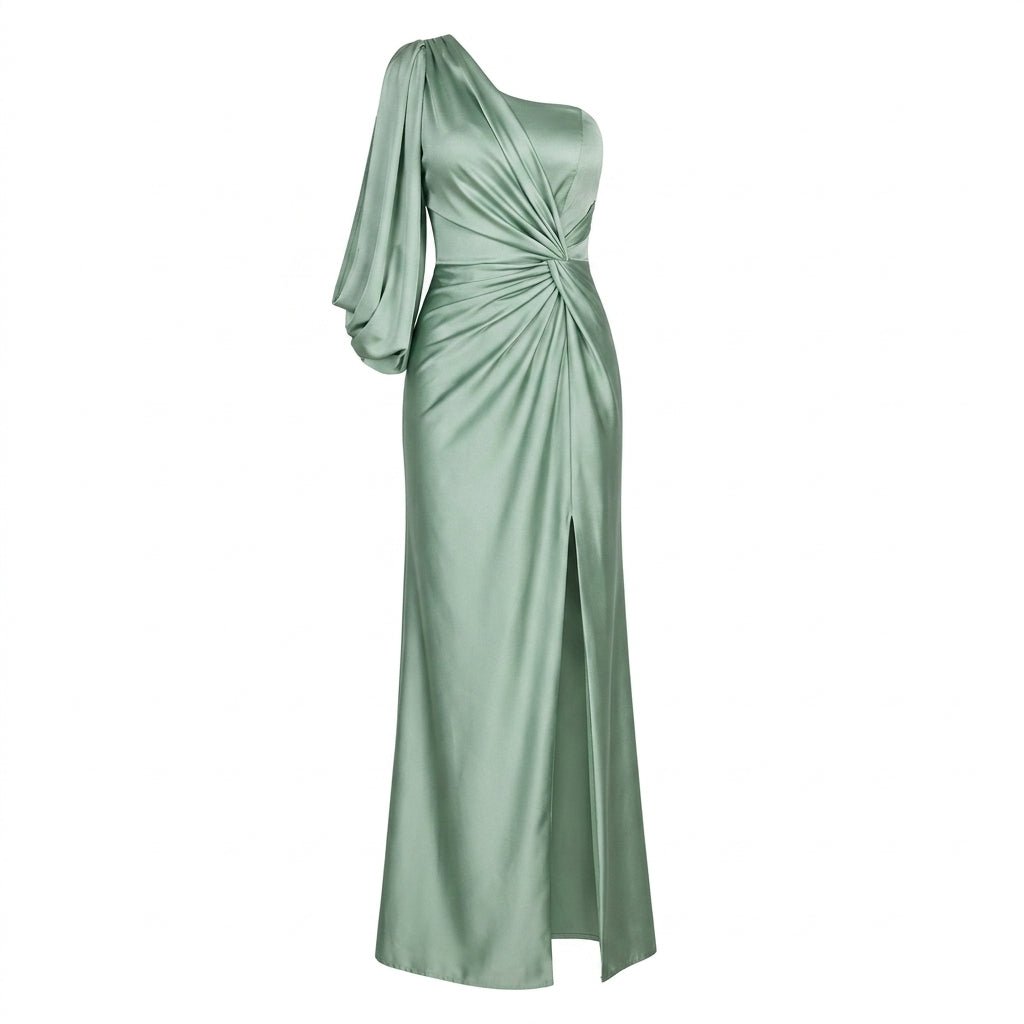 One Shoulder Satin Evening Dress – Draped Waist with High Side Split - We are MFEO