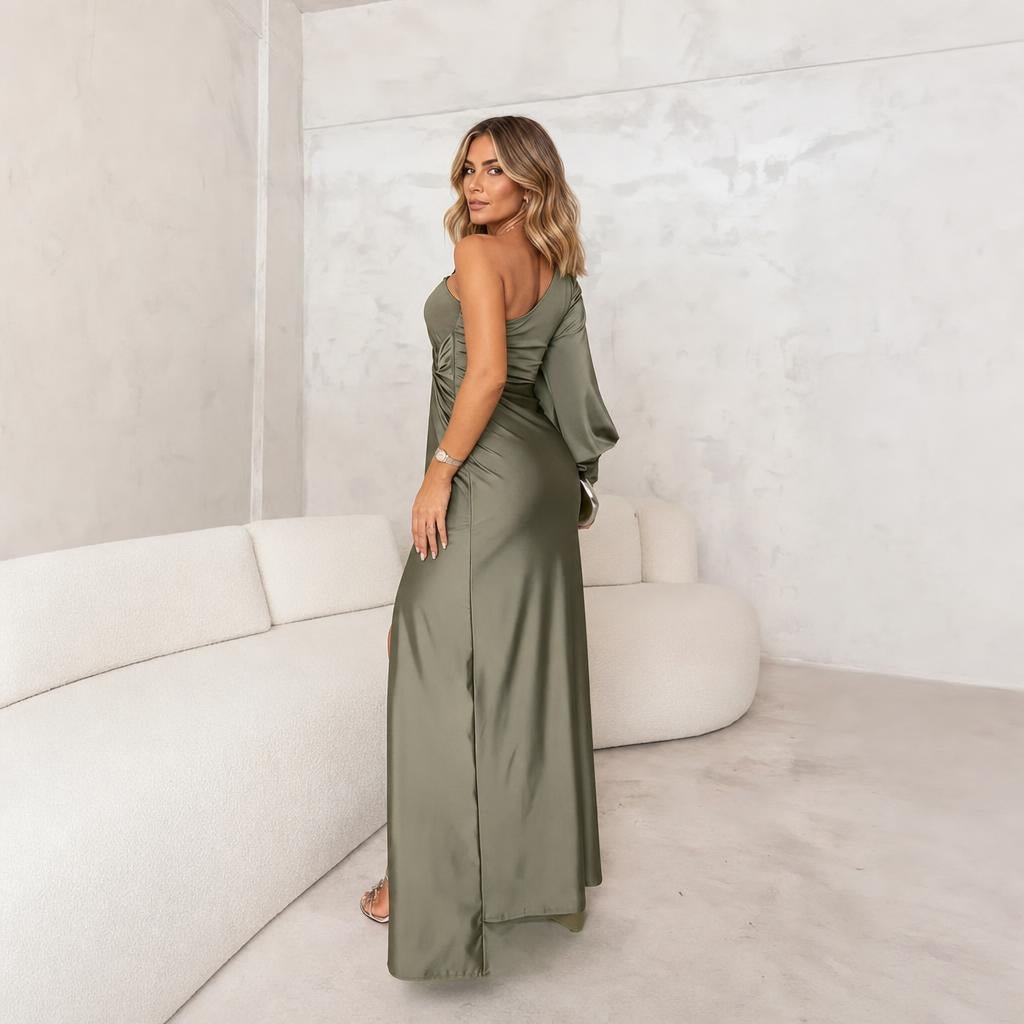 One Shoulder Satin Evening Dress – Draped Waist with High Side Split - We are MFEO
