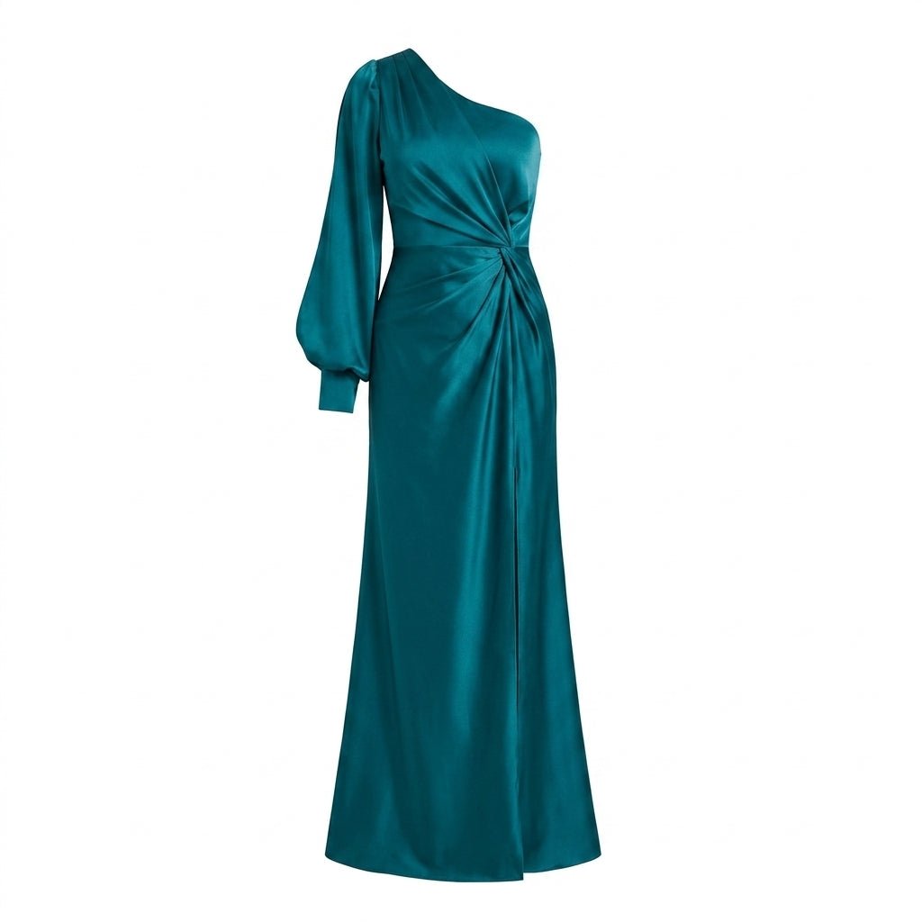 One Shoulder Satin Evening Dress – Draped Waist with High Side Split - We are MFEO