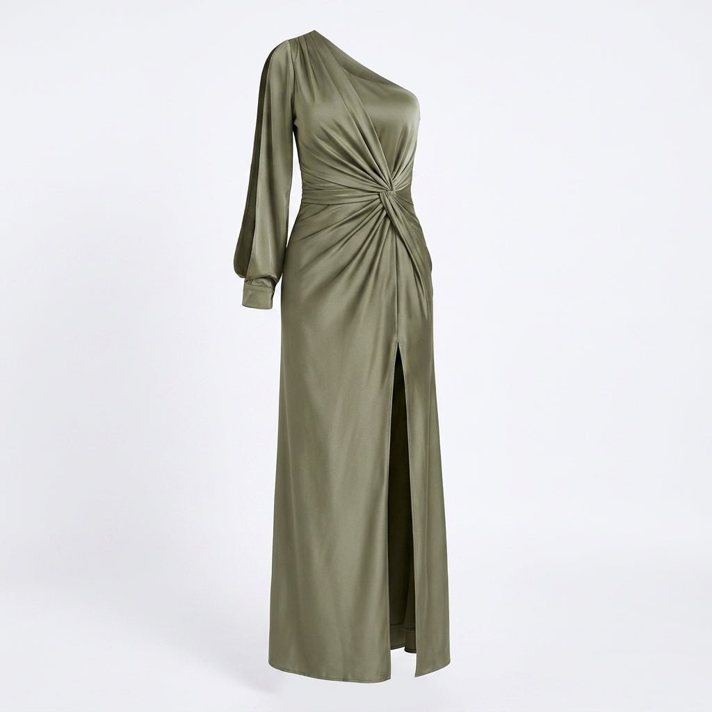 One Shoulder Satin Evening Dress – Draped Waist with High Side Split - We are MFEO