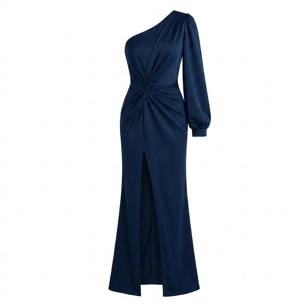 One Shoulder Satin Evening Dress – Draped Waist with High Side Split - We are MFEO