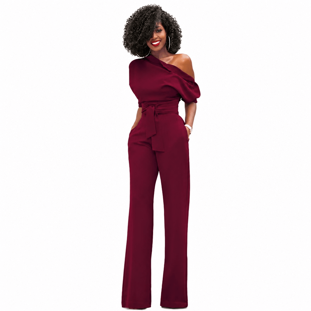 One-Shoulder Wide-Leg Jumpsuit with Belted Waist – Formal Evening Wear - We are MFEO