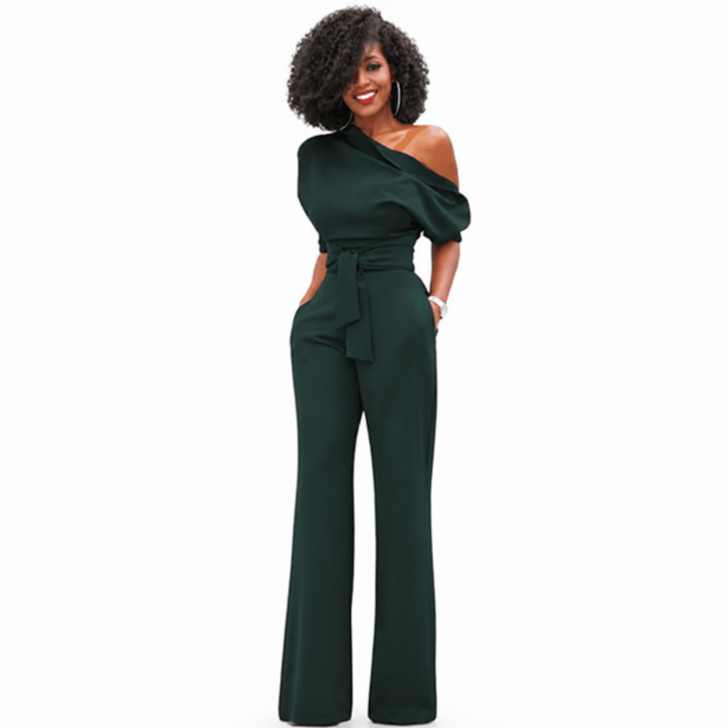 One-Shoulder Wide-Leg Jumpsuit with Belted Waist – Formal Evening Wear - We are MFEO