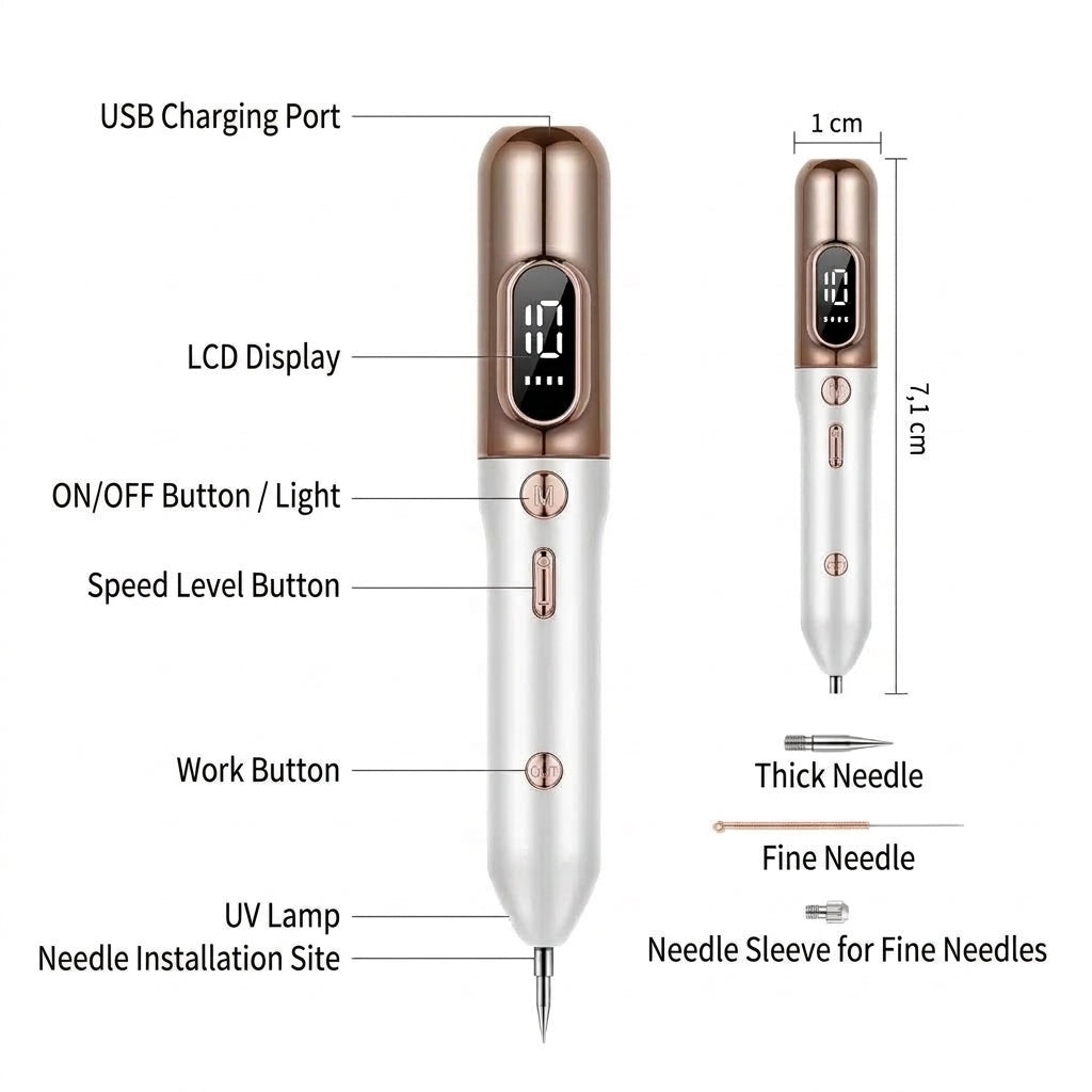 A diagram of a plasma pen for skin tag removal, showing its components, dimensions, and interchangeable needle attachments.