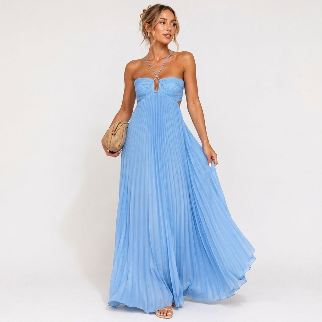 Pleated Halter Maxi Dress for Summer Occasions, Comfortable Fit and Chic Style - We are MFEO