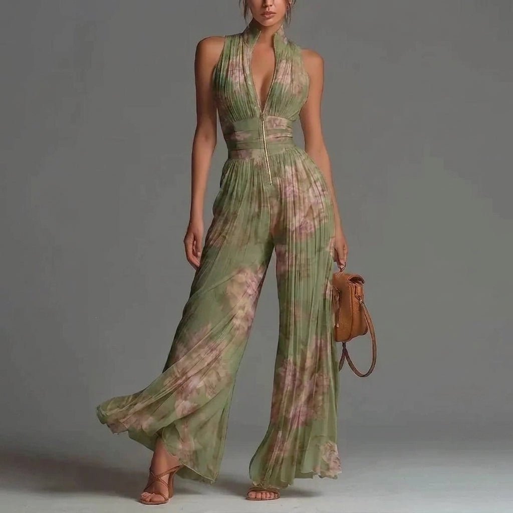 Pleated Jumpsuit with Deep V-Neck – Wide Leg Design for Formal Events - We are MFEO