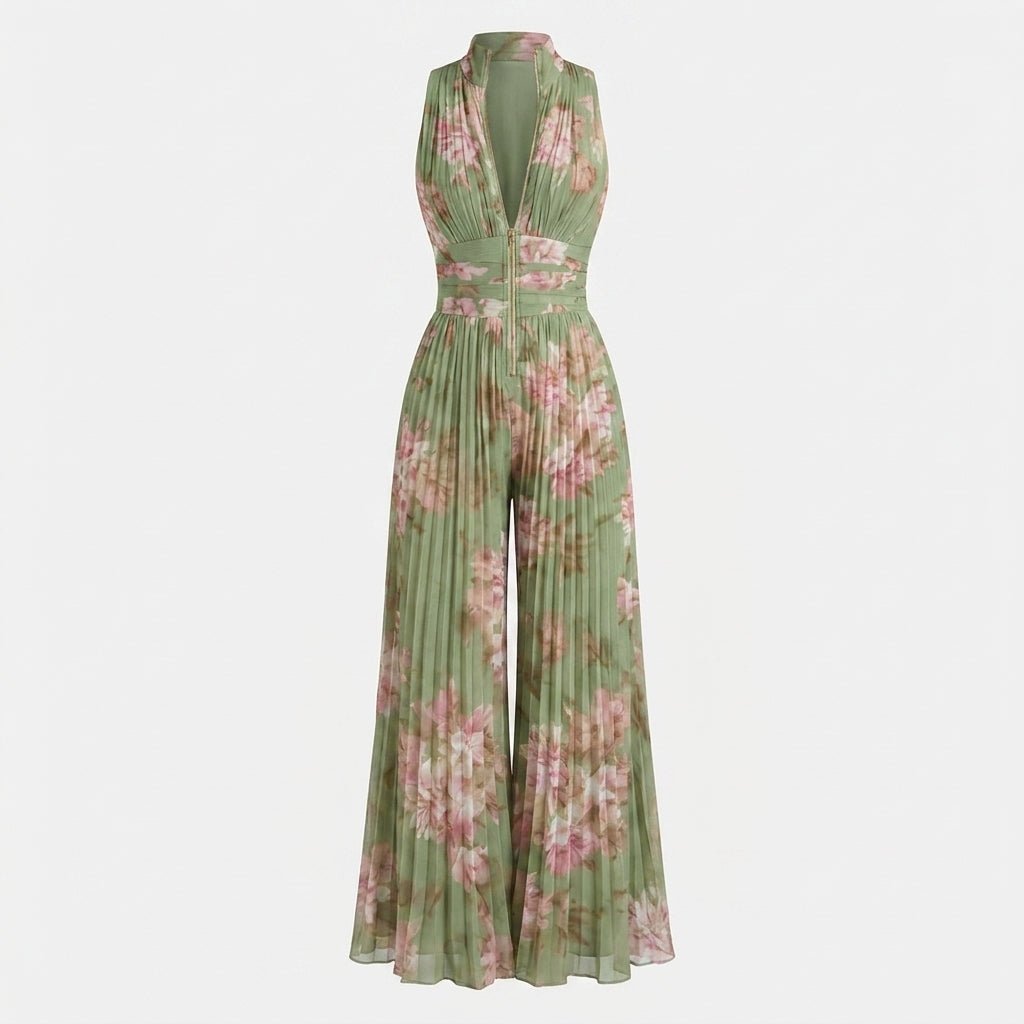 Pleated Jumpsuit with Deep V-Neck – Wide Leg Design for Formal Events - We are MFEO