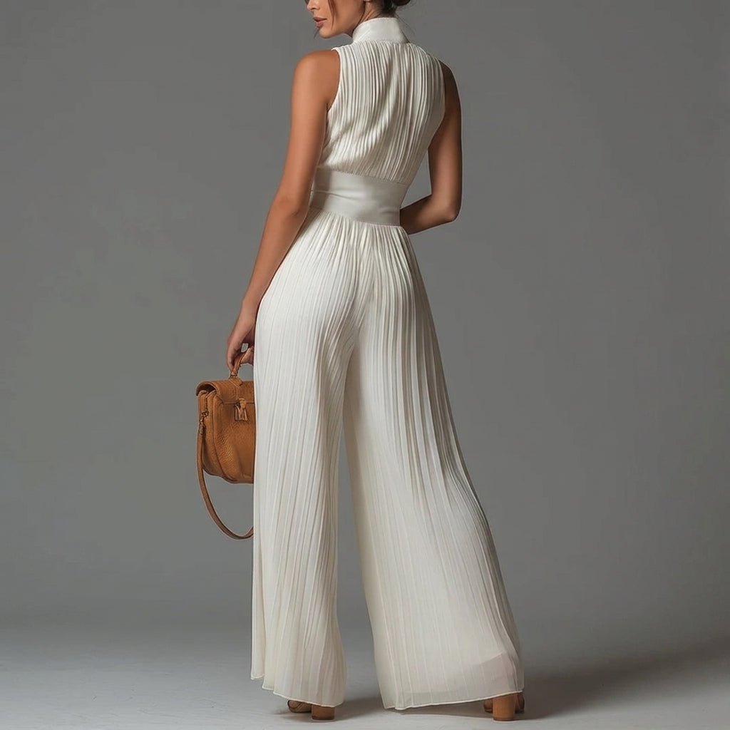 Pleated Jumpsuit with Deep V-Neck – Wide Leg Design for Formal Events - We are MFEO