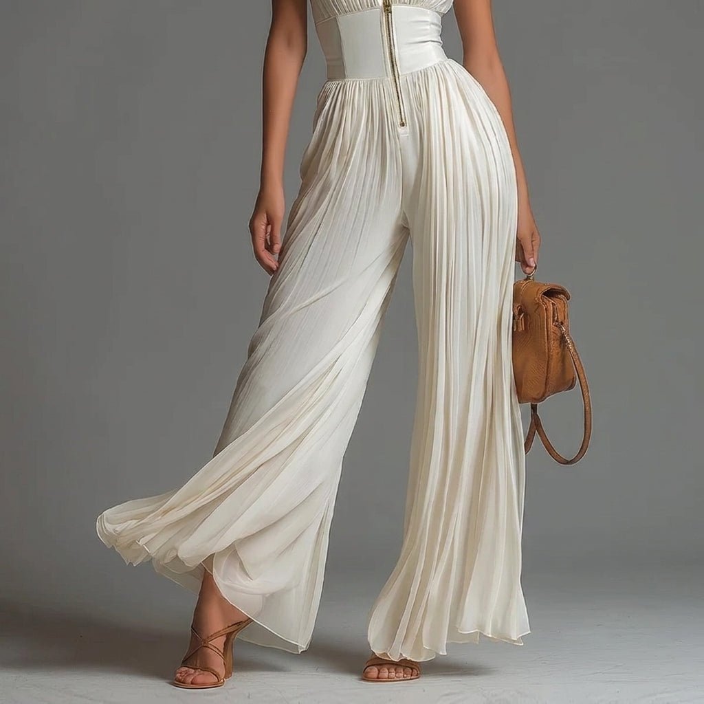 Pleated Jumpsuit with Deep V-Neck – Wide Leg Design for Formal Events - We are MFEO