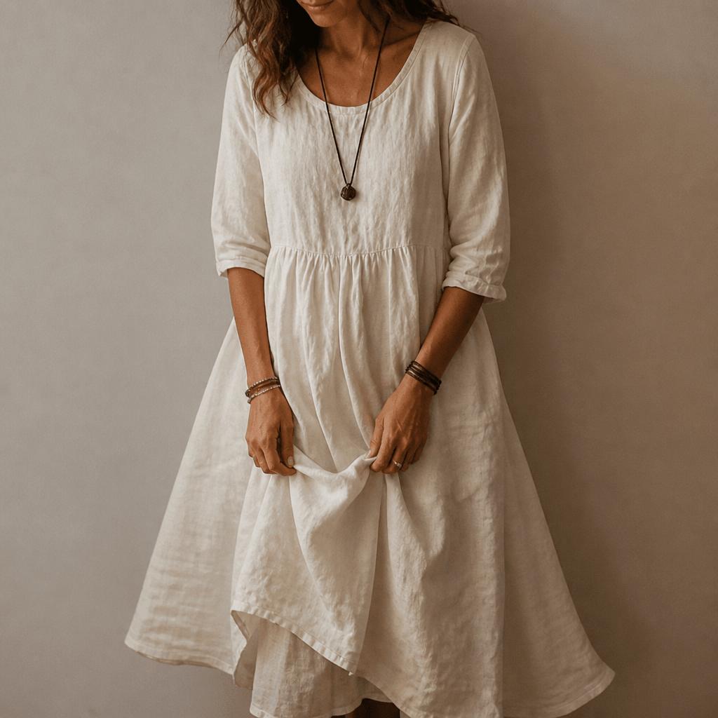 Pleated Midi Summer Dress with 3/4 Sleeves and Smocked Waist - We are MFEO