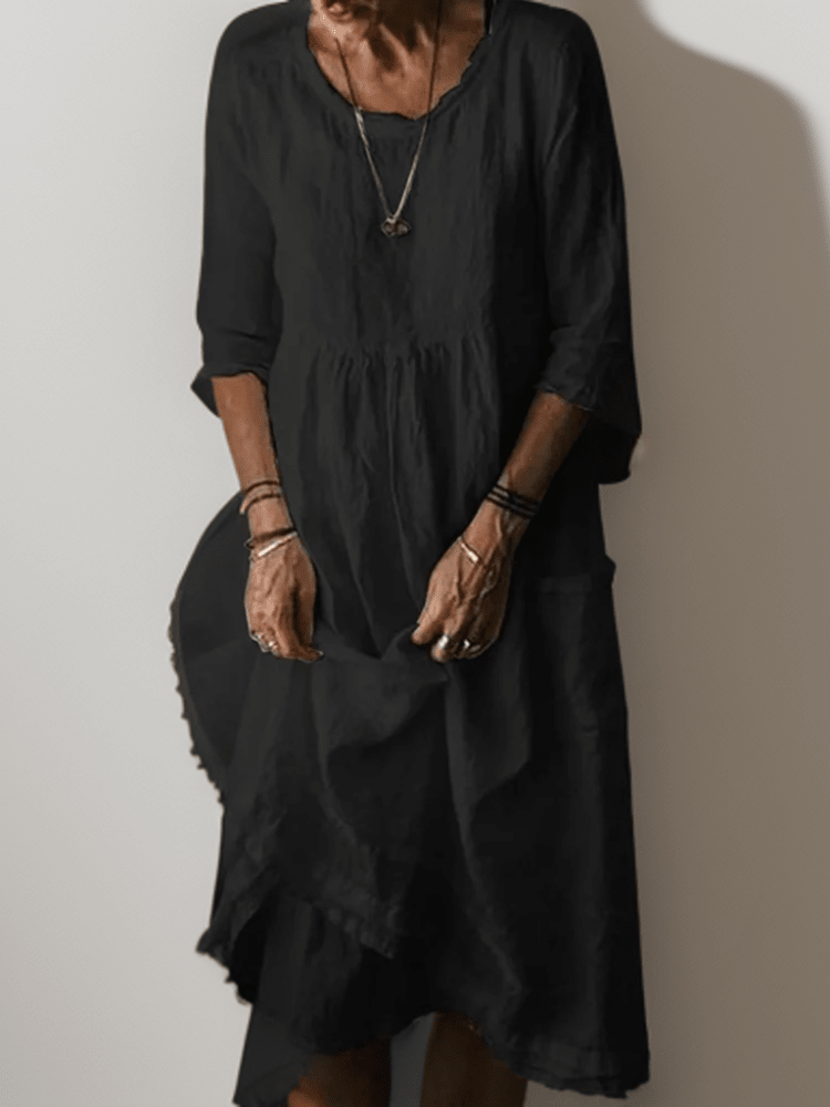 Pleated Midi Summer Dress with 3/4 Sleeves and Smocked Waist - We are MFEO