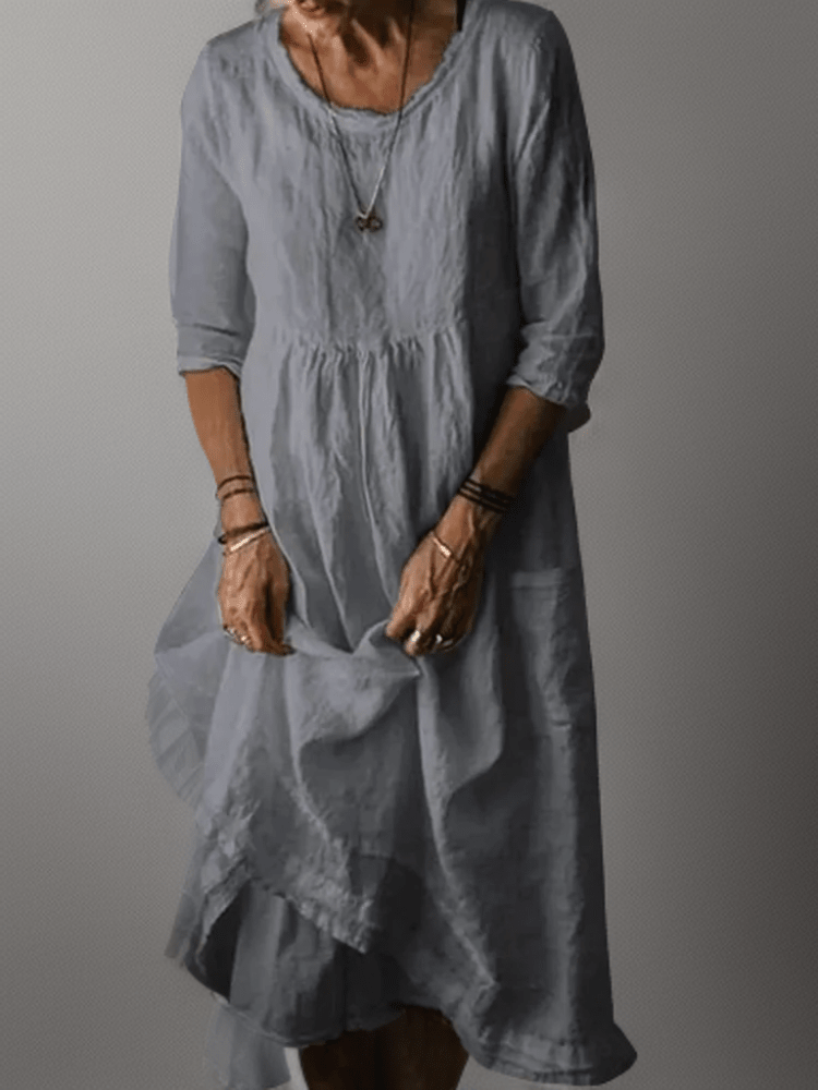 Pleated Midi Summer Dress with 3/4 Sleeves and Smocked Waist - We are MFEO