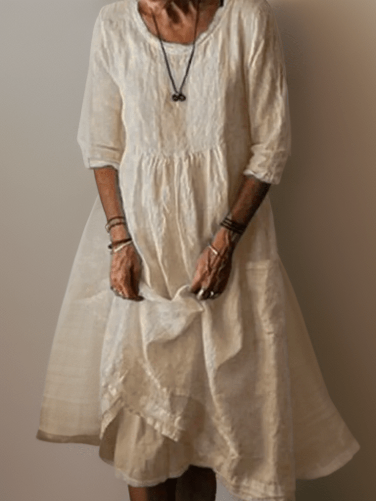 Pleated Midi Summer Dress with 3/4 Sleeves and Smocked Waist - We are MFEO