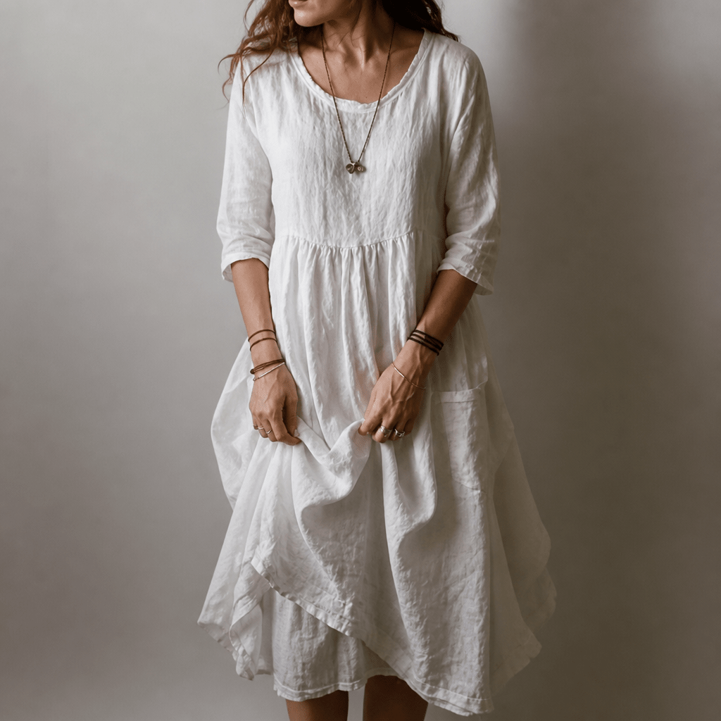 Pleated Midi Summer Dress with 3/4 Sleeves and Smocked Waist - We are MFEO