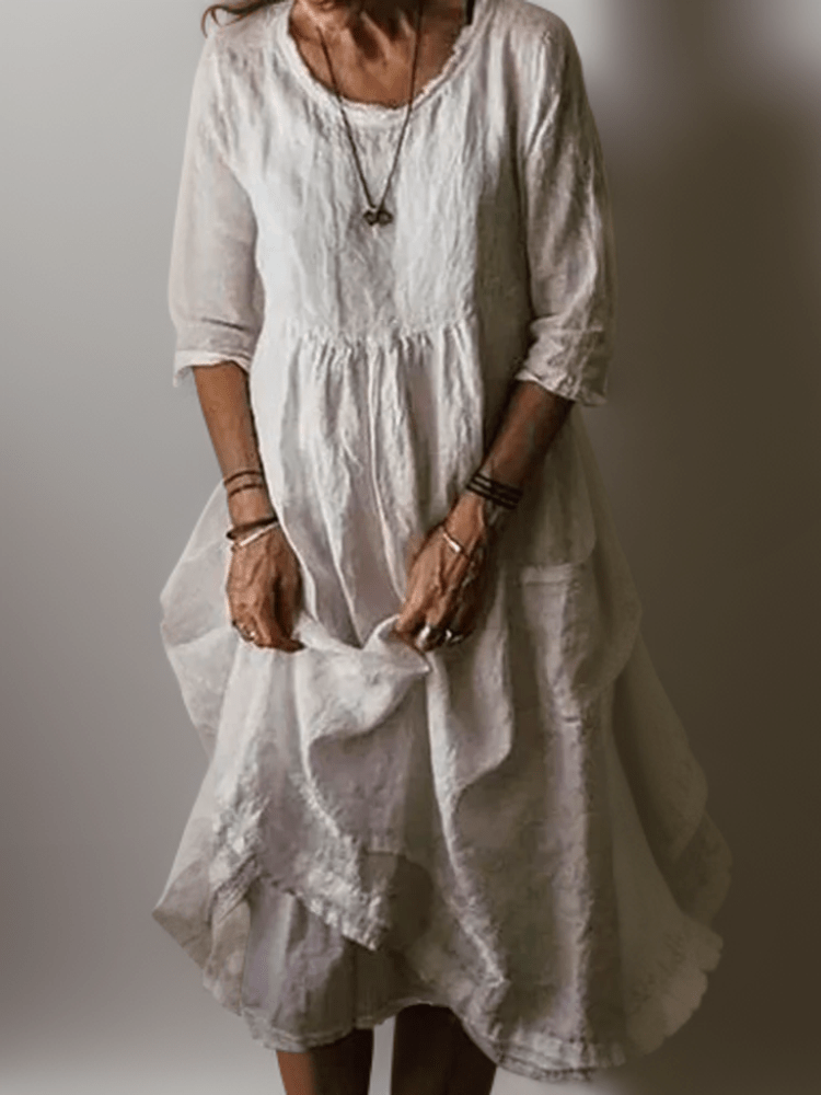 Pleated Midi Summer Dress with 3/4 Sleeves and Smocked Waist - We are MFEO