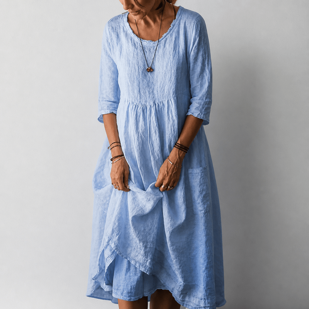 Pleated Midi Summer Dress with 3/4 Sleeves and Smocked Waist - We are MFEO