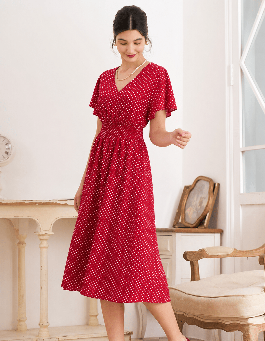 Polka Dot Midi Dress – Wrap Style for Weddings and Summer Events - We are MFEO