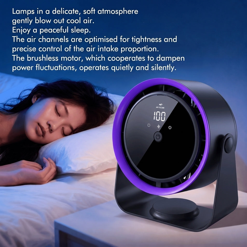 A woman sleeping peacefully next to a portable bladeless fan with a digital display showing 100% battery.