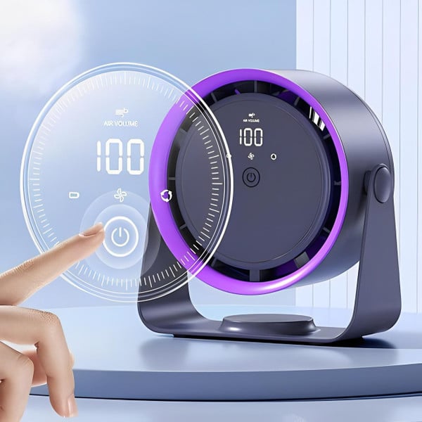 A hand touching a digital interface overlay showing 100 percent air volume on a sleek, purple portable desk fan.