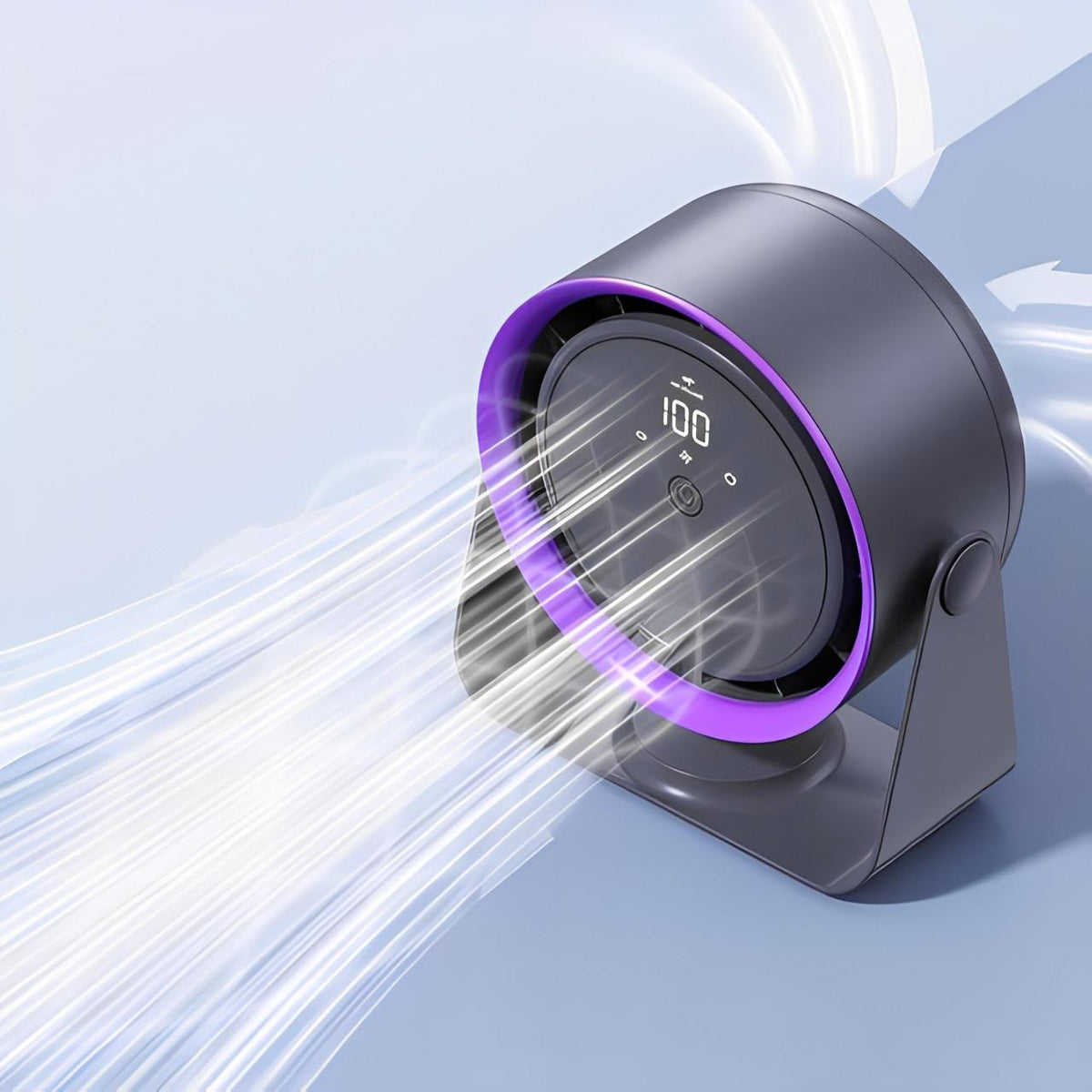 A sleek, dark grey portable fan with a purple inner ring, displaying a digital 100 setting and blowing a stream of air.