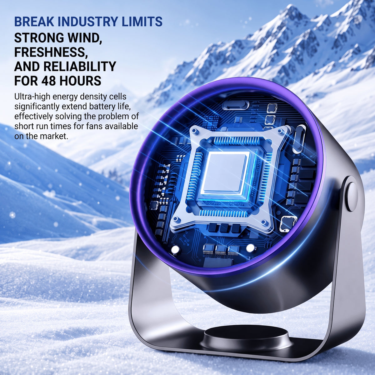 A portable bladeless fan with a visible internal circuit board, set against a snowy mountain backdrop.