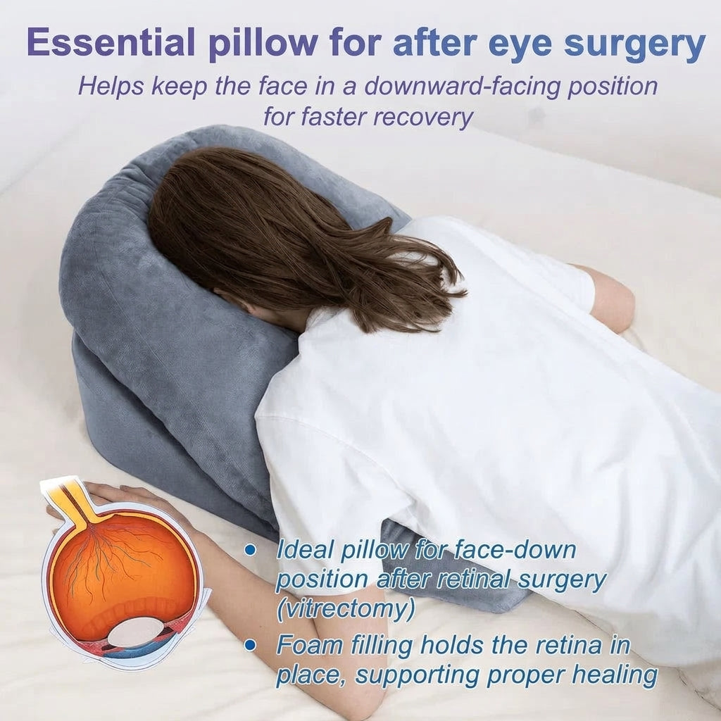 A person lying face-down on a grey memory foam pillow designed for post-eye surgery recovery, with an anatomical eye diagram.