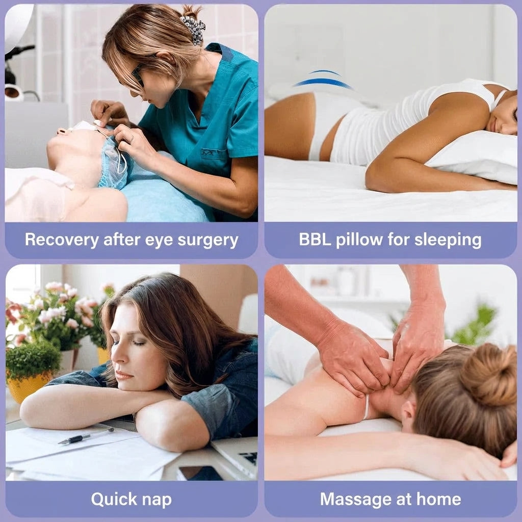A four-panel collage showing a post-BBL stomach pillow used for eye surgery recovery, sleeping, napping, and home massage.