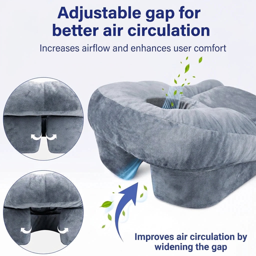 A grey memory foam stomach pillow for post-surgery recovery, showing an adjustable ventilation gap for improved airflow.