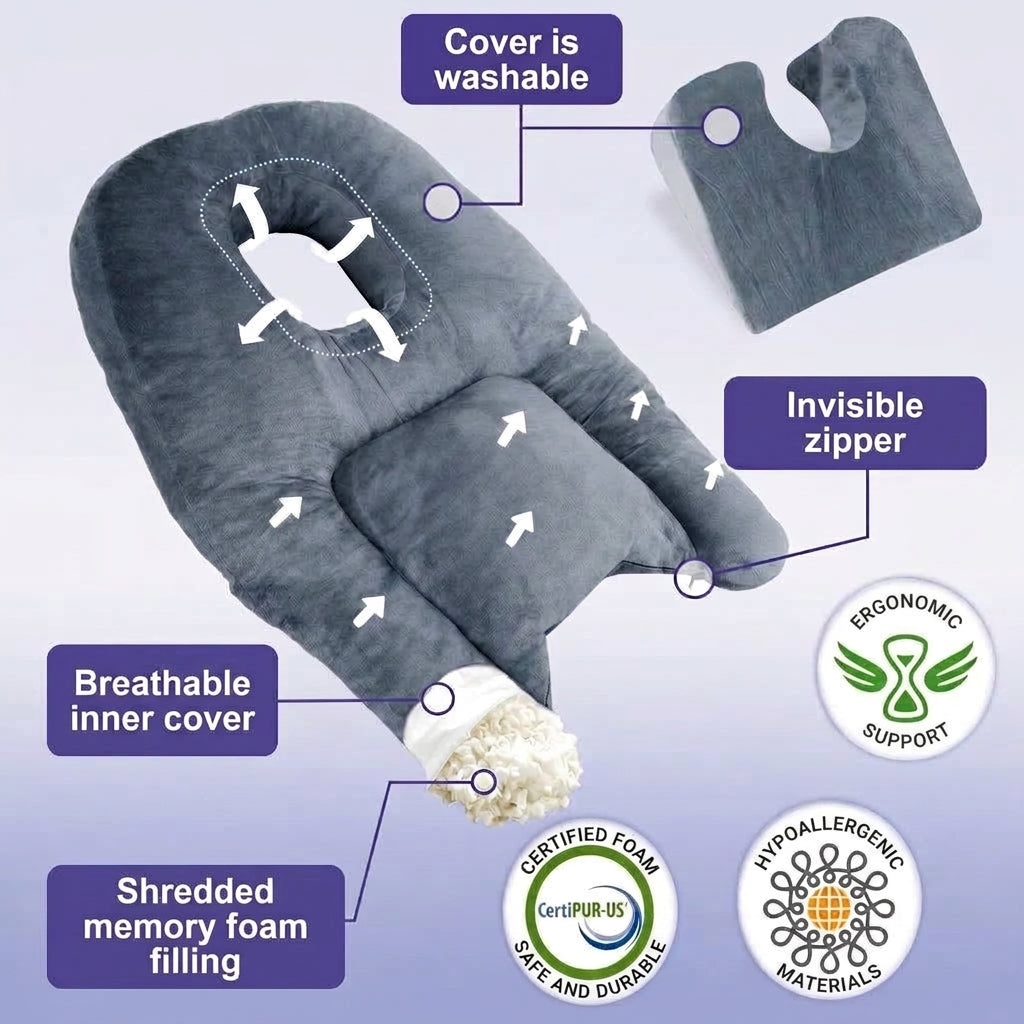 A grey memory foam stomach pillow for post-surgery recovery, showing its removable cover, hidden zipper, and shredded foam fill.