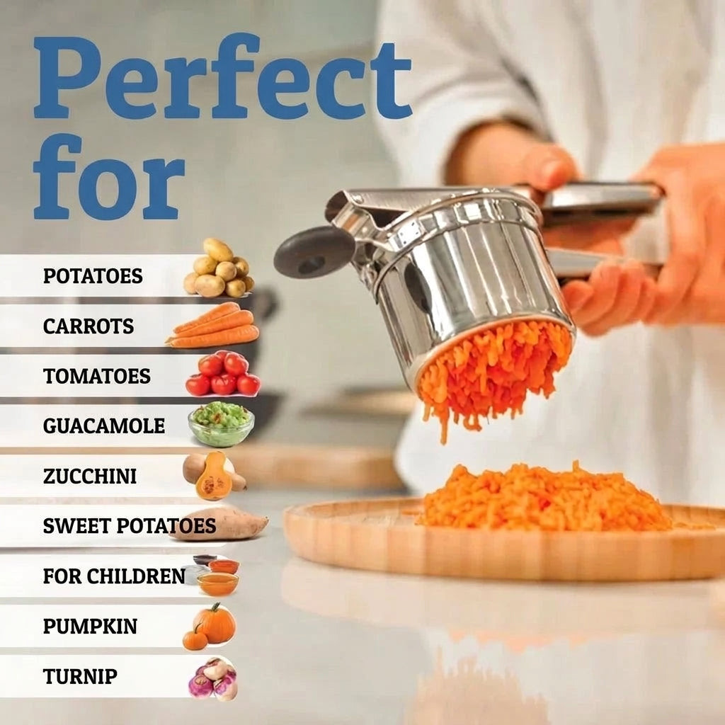 A stainless steel potato ricer pressing cooked carrots onto a wooden board, with a list of suitable foods beside it.