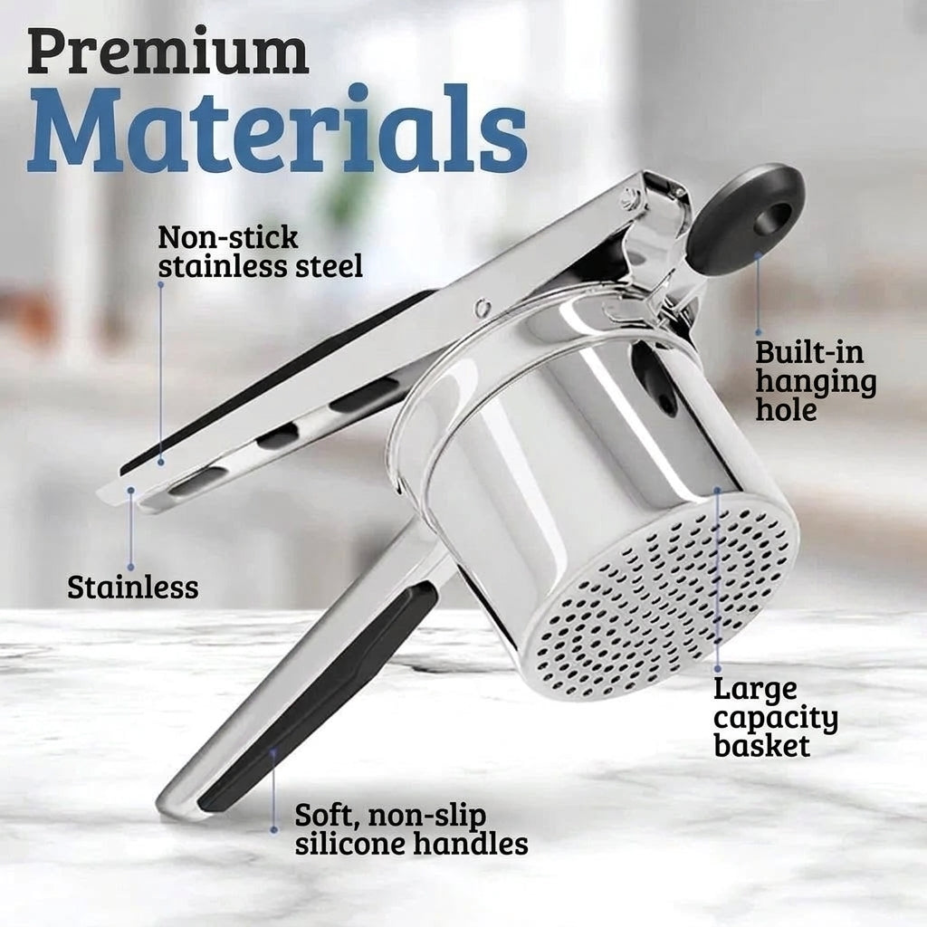 A stainless steel potato ricer with non-slip silicone handles and a large capacity basket, shown with labels for its features.