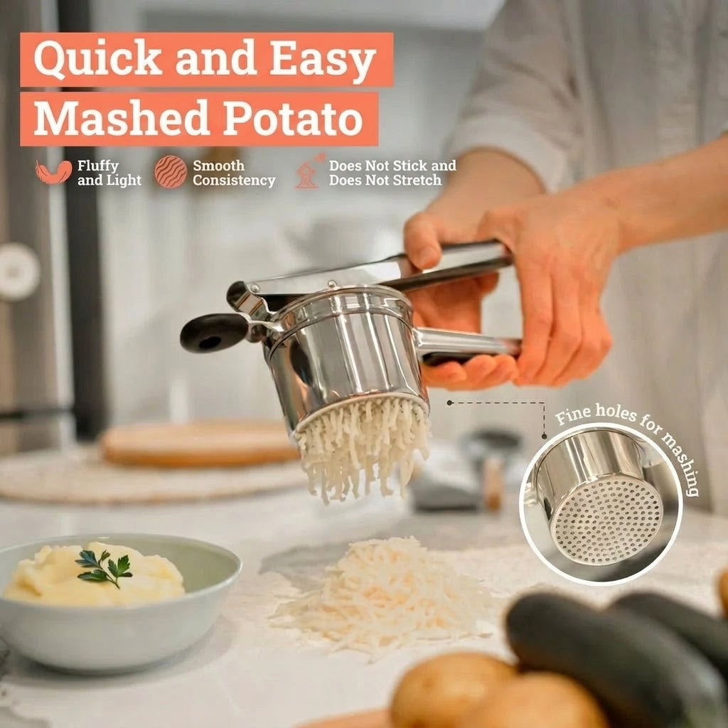 A person using a stainless steel potato ricer to press cooked potatoes into a fine, fluffy texture for a smooth puree.