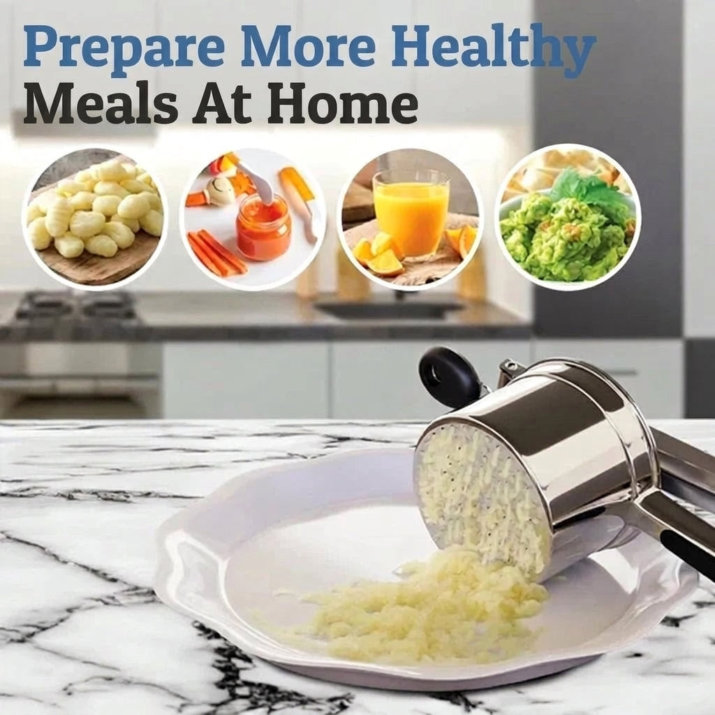 A stainless steel potato ricer pressing cooked potatoes onto a plate, with images of prepared healthy meals above.