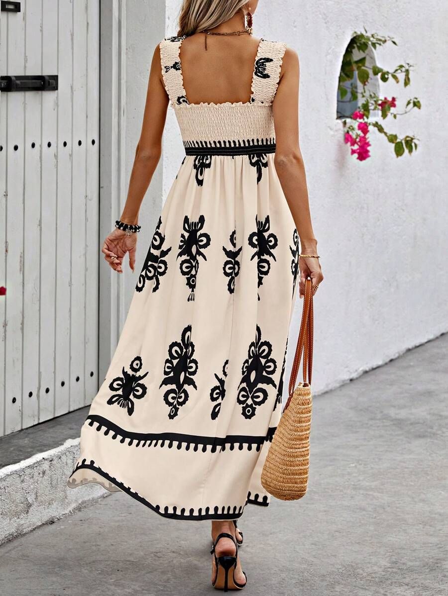 Printed Beach Maxi Dress with Smocked Neck and High Side Slit - We are MFEO