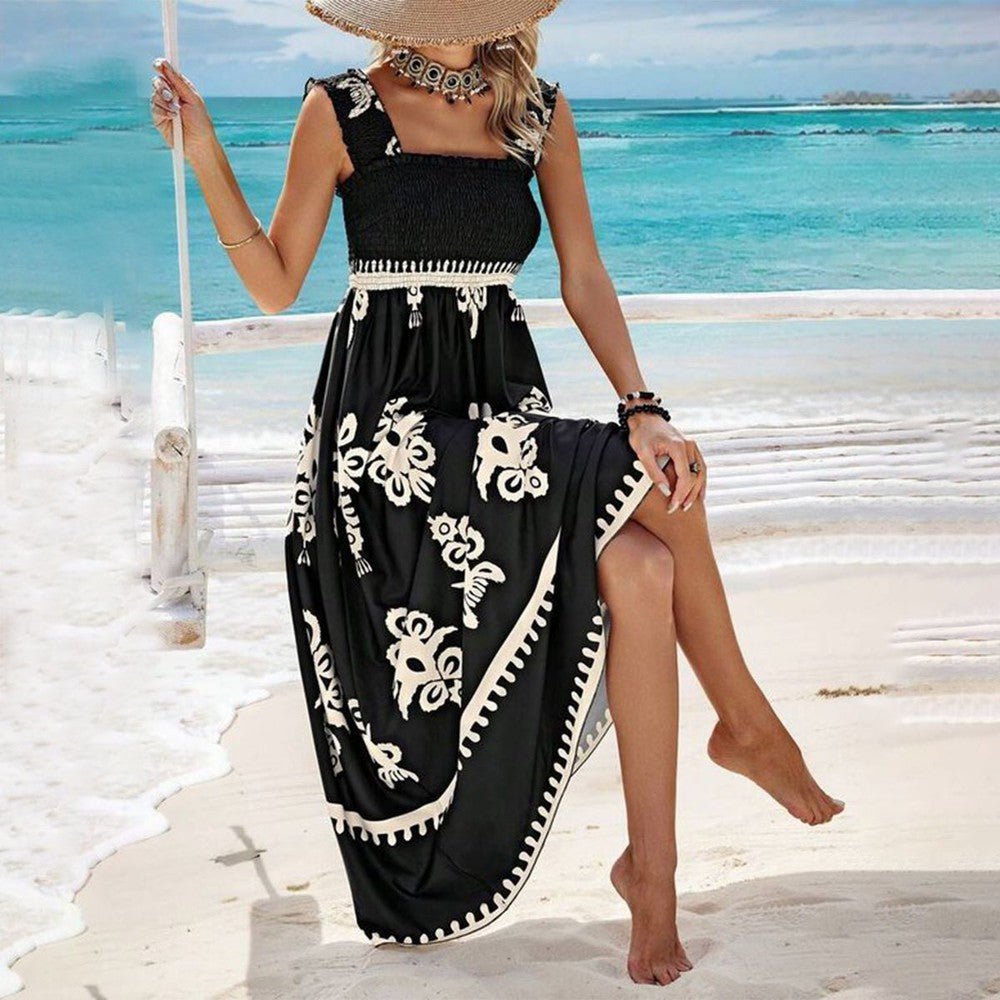 Printed Beach Maxi Dress with Smocked Neck and High Side Slit - We are MFEO