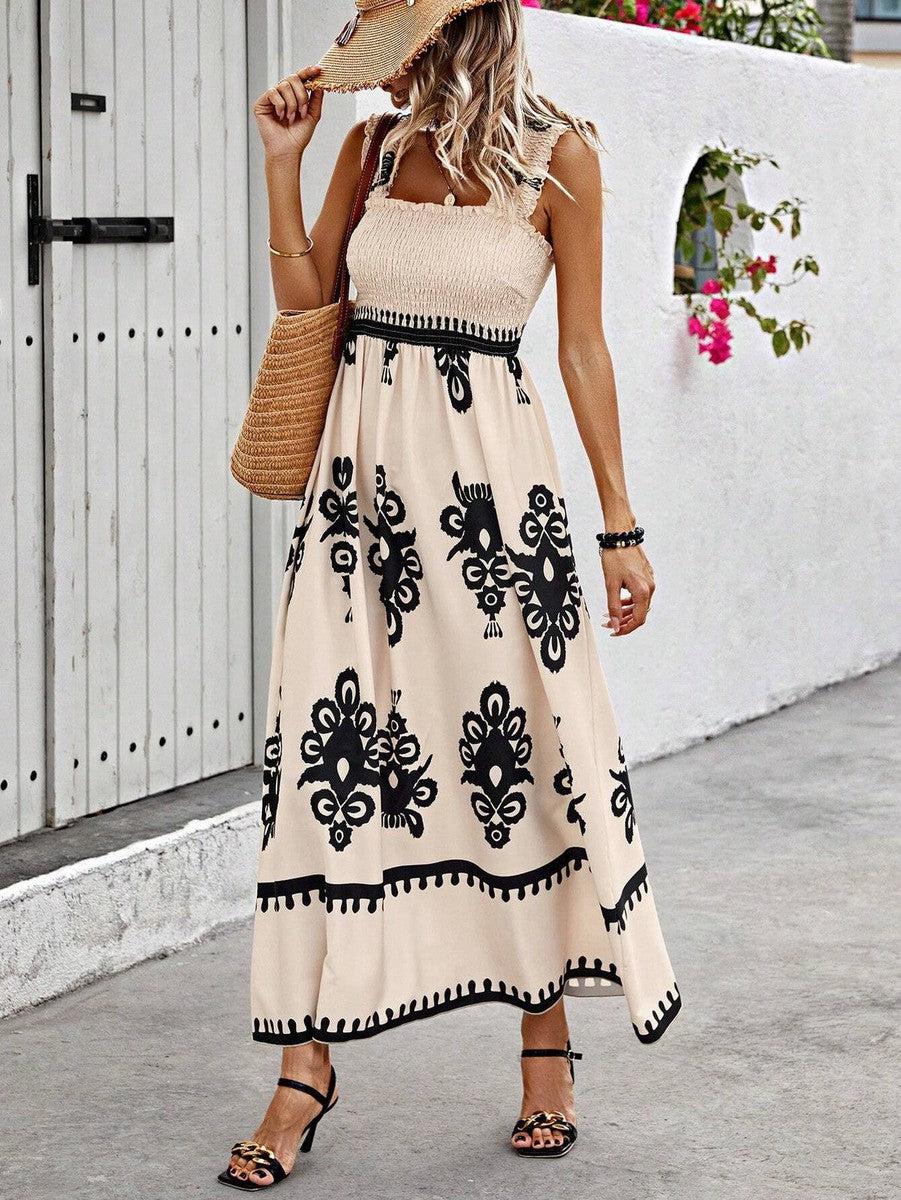 Printed Beach Maxi Dress with Smocked Neck and High Side Slit - We are MFEO