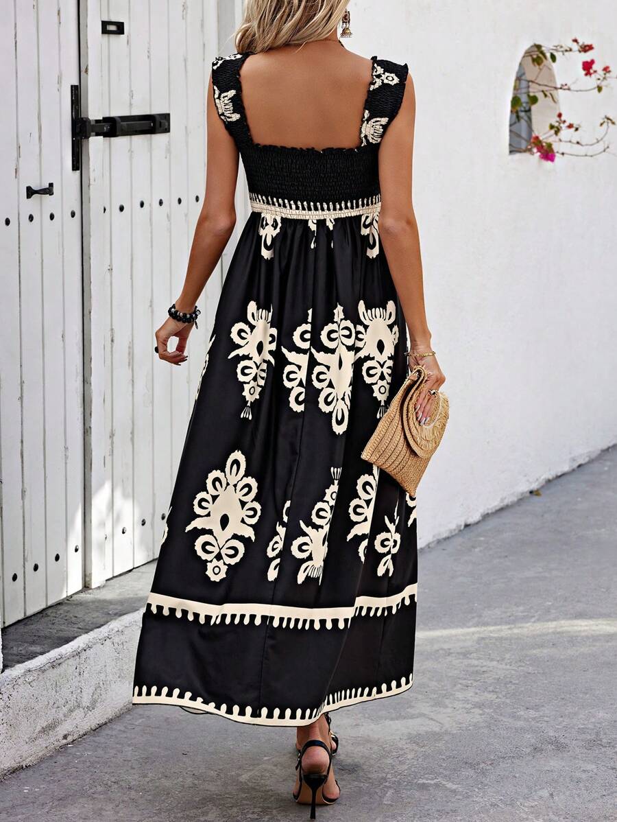 Printed Beach Maxi Dress with Smocked Neck and High Side Slit - We are MFEO