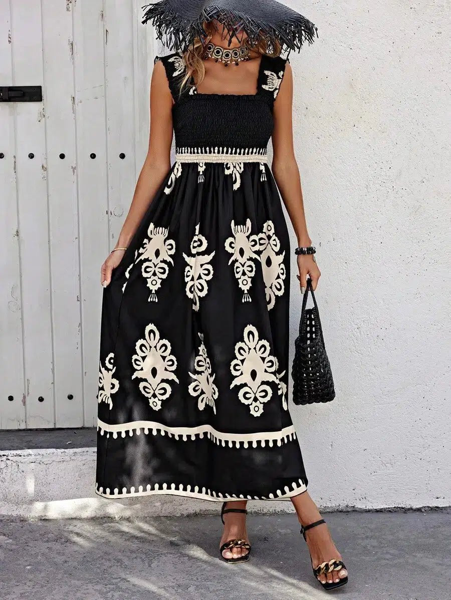 Printed Beach Maxi Dress with Smocked Neck and High Side Slit - We are MFEO