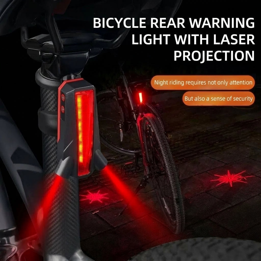 A rear bicycle light mounted on a seat post, projecting red laser lines onto the ground to enhance night-time visibility.