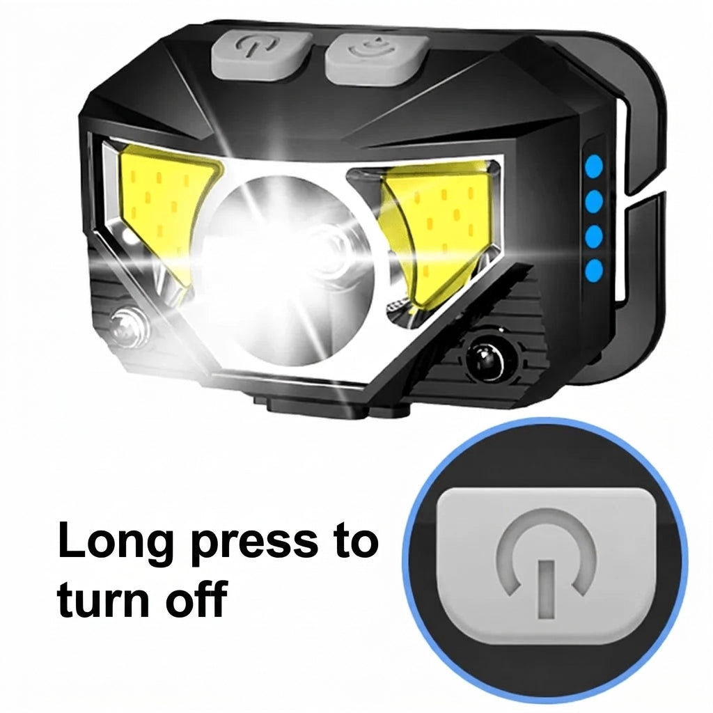A rechargeable LED headlamp with a circular inset highlighting the power button and the instruction to long press to turn off.