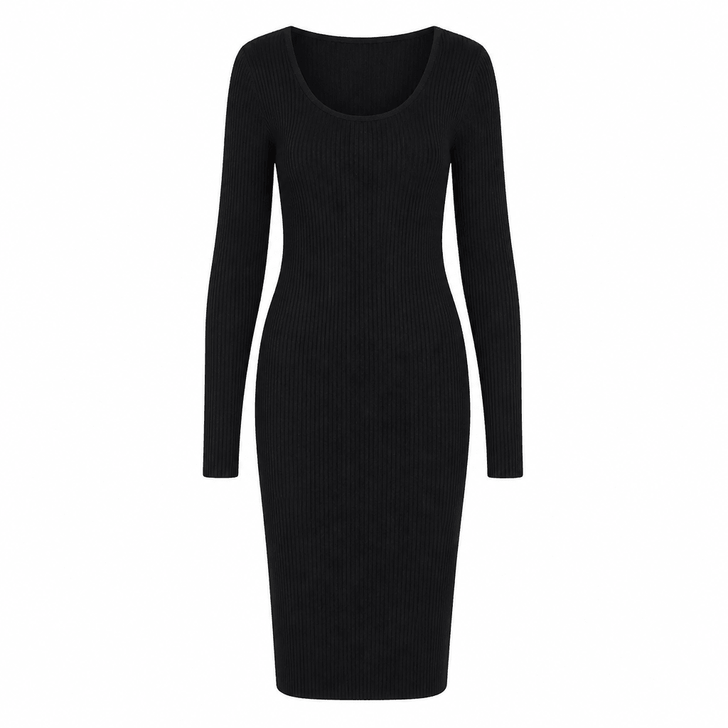 Ribbed Knit Midi Dress – Long Sleeves, Low Scoop Neck - We are MFEO