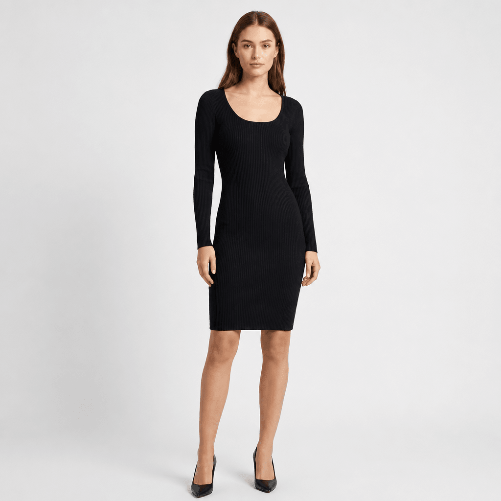 Ribbed Knit Midi Dress – Long Sleeves, Low Scoop Neck - We are MFEO