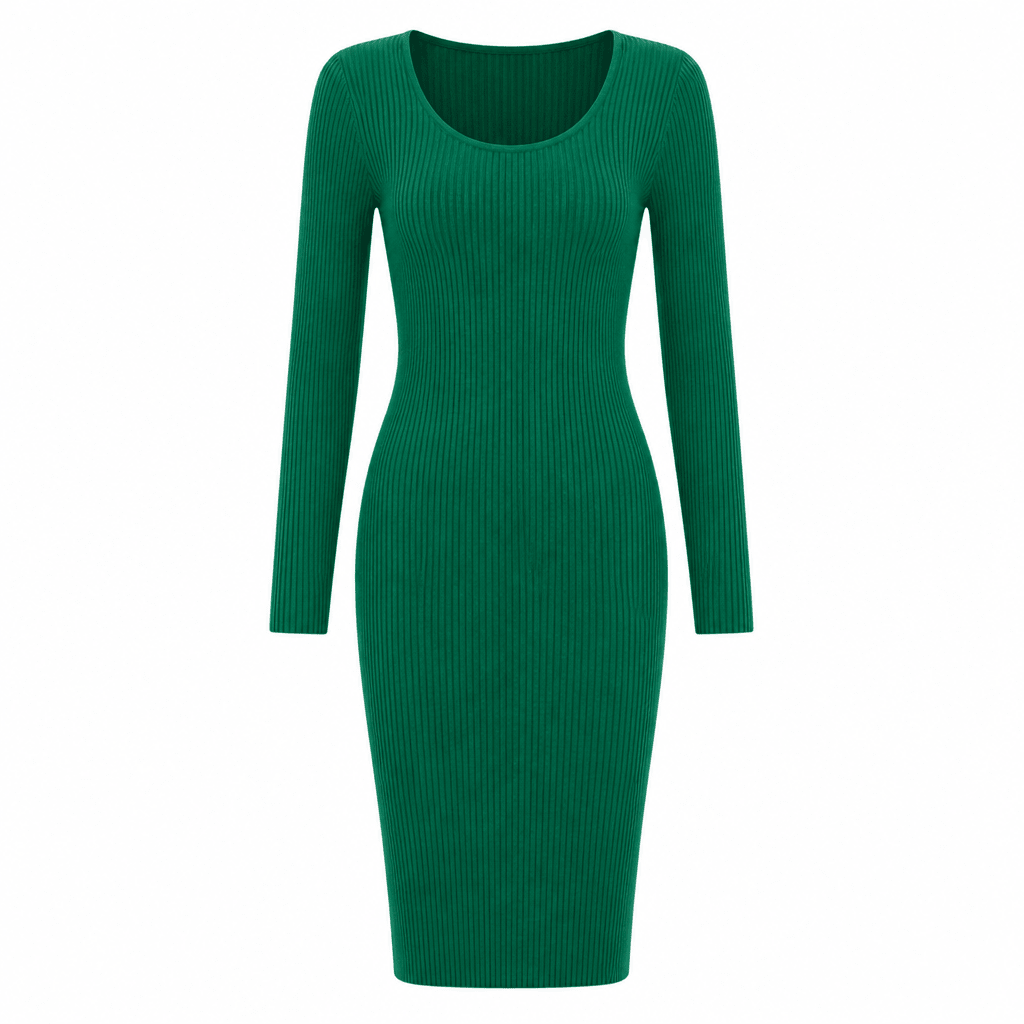 Ribbed Knit Midi Dress – Long Sleeves, Low Scoop Neck - We are MFEO