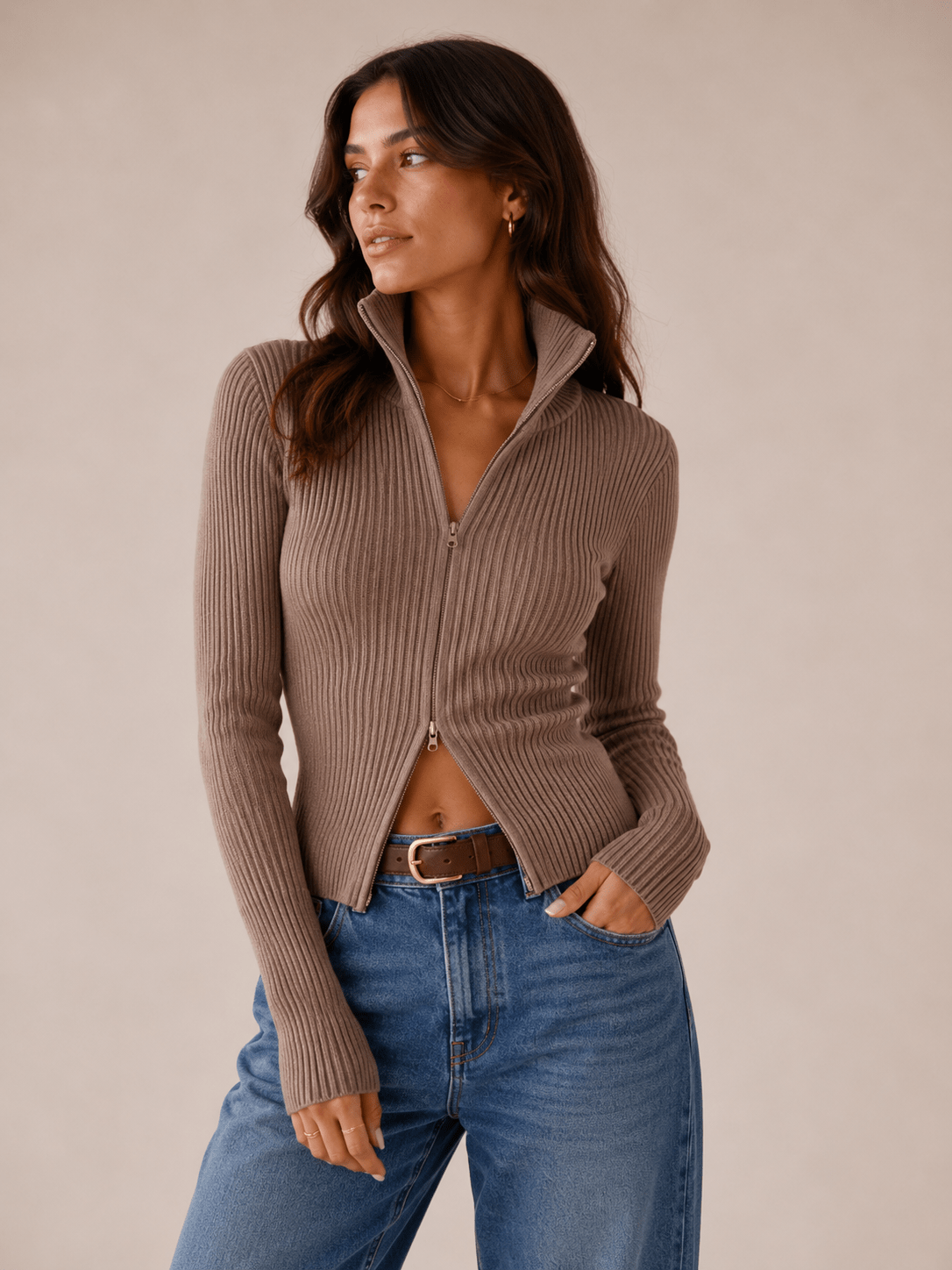 Ribbed Turtleneck Cardigan for Women – Dual Zip Chunky Knit for Autumn/Winter - We are MFEO
